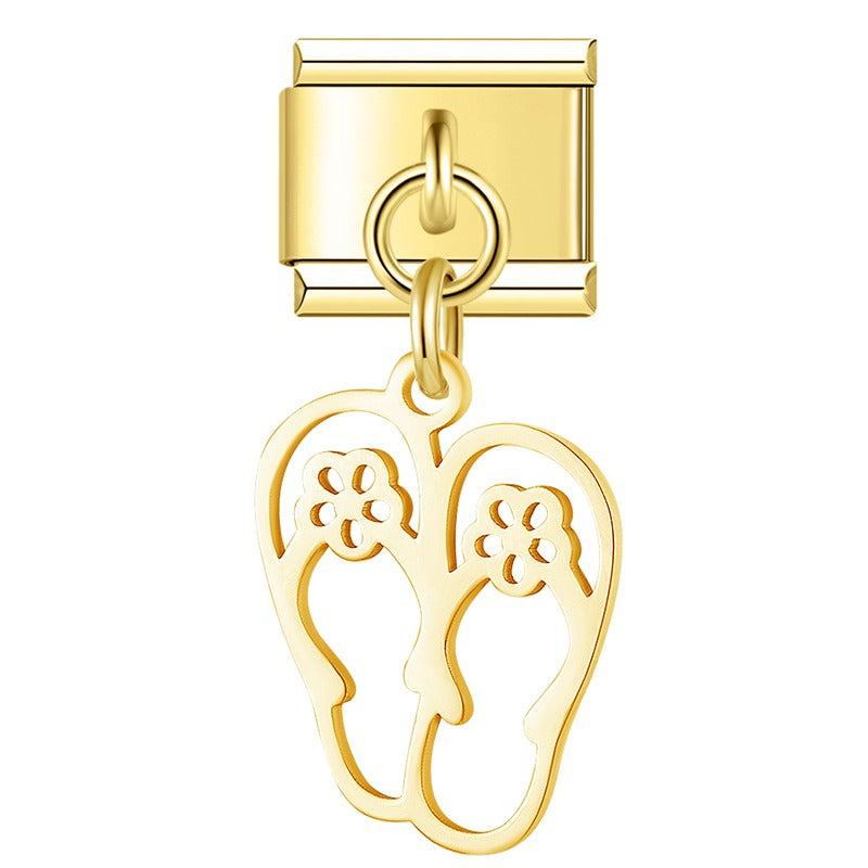 second view of Ocean Beach Trees Dolphins Seahorses silver&gold – gold flip flop charm, Italian charm bracelet charm by Charmtastic