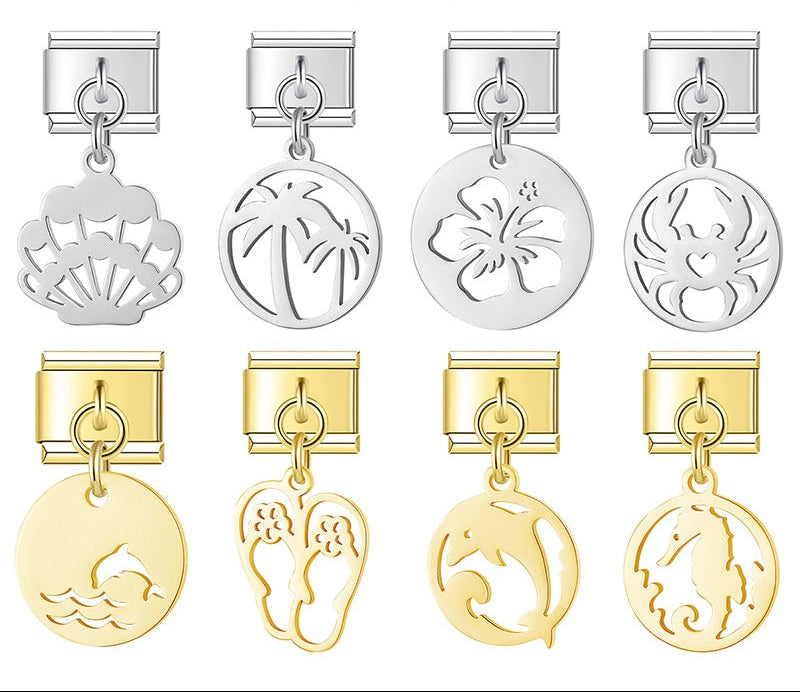 Ocean Beach Trees Dolphins Seahorses silver&gold – shell, palm tree, hibiscus, crab, dolphin, flip flop, and seahorse charms in silver and gold, Italian charm bracelet charms by Charmtastic