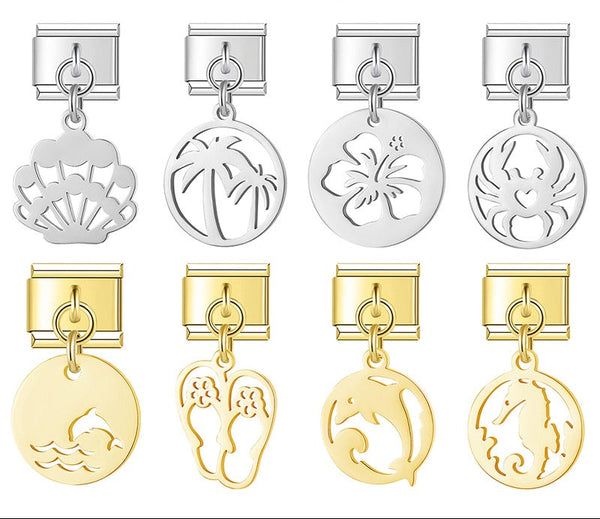 Ocean Beach Trees Dolphins Seahorses silver&gold – shell, palm tree, hibiscus, crab, dolphin, flip flop, and seahorse charms in silver and gold, Italian charm bracelet charms by Charmtastic