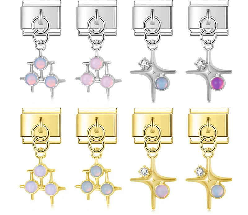 A collection of 9mm Italian charms featuring silver and gold dangles. Includes a three-stone geometric design and a four-point star accented with a cubic zirconia and an iridescent opal-like stone.