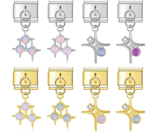 A collection of 9mm Italian charms featuring silver and gold dangles. Includes a three-stone geometric design and a four-point star accented with a cubic zirconia and an iridescent opal-like stone.