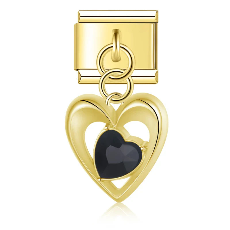 Romantic Heart Flower Charms Silver & Gold – open heart charm with black heart-shaped CZ in gold, Italian charm bracelet charm by Charmtastic
