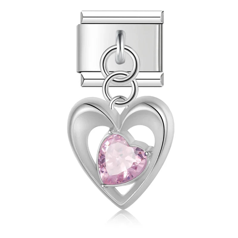Romantic Heart Flower Charms Silver & Gold – open heart charm with pink heart-shaped CZ in silver, Italian charm bracelet charm by Charmtastic