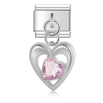 Romantic Heart Flower Charms Silver & Gold – open heart charm with pink heart-shaped CZ in silver, Italian charm bracelet charm by Charmtastic