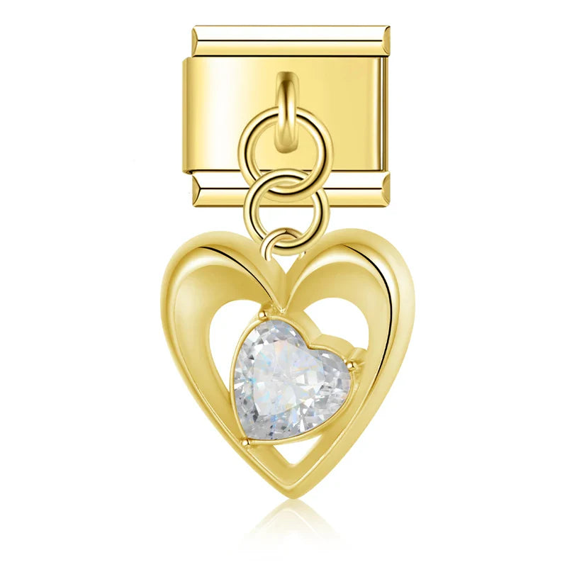 Romantic Heart Flower Charms Silver & Gold – open heart charm with white heart-shaped CZ in gold, Italian charm bracelet charm by Charmtastic
