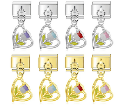 A 9mm Italian charm featuring a delicate open wire heart dangle with an enamel tulip inside. Available on silver and gold bases with purple, blue, red, and pink flowers.
