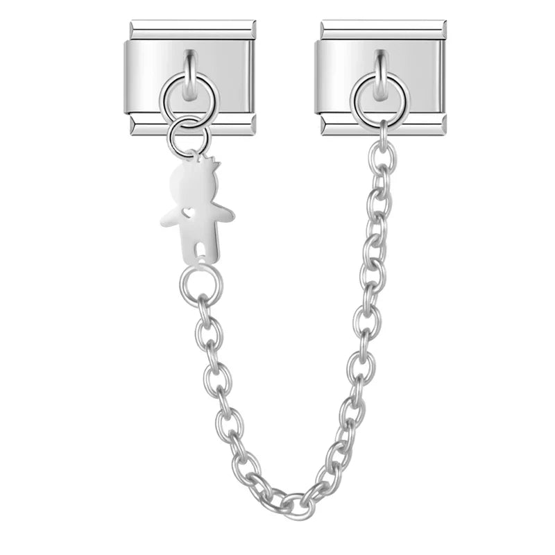 Silver boy silhouette cutout safety chain link — Italian charm bracelet, by Charmtastic