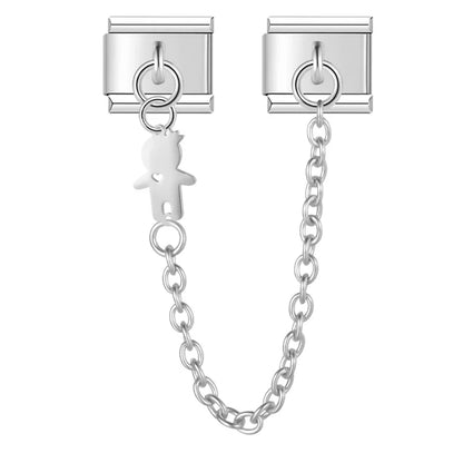 Silver boy silhouette cutout safety chain link — Italian charm bracelet, by Charmtastic