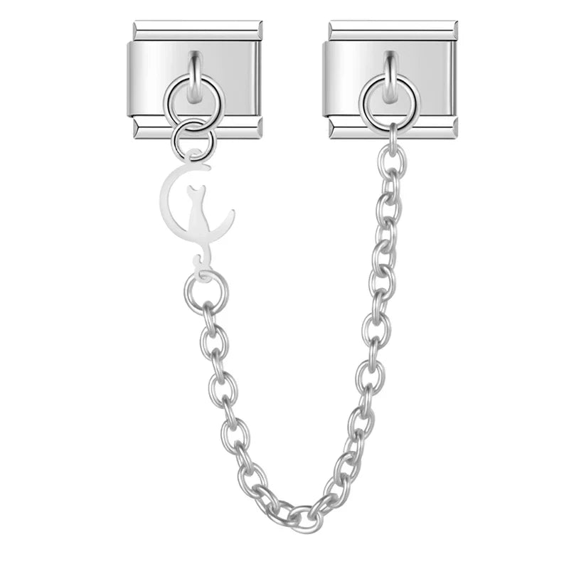 Silver cat cutout safety chain link — Italian charm bracelet, by Charmtastic