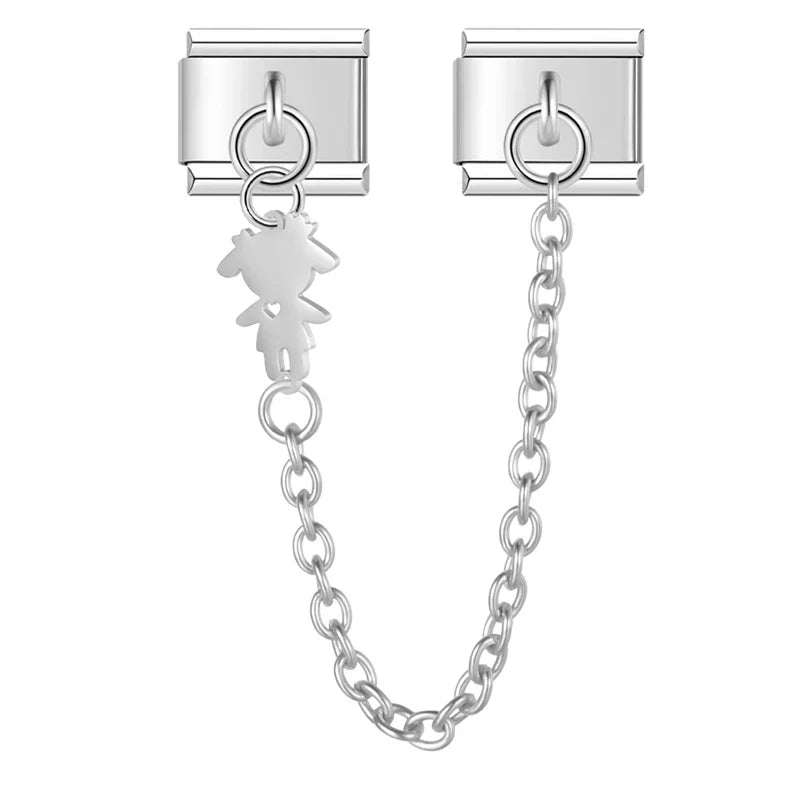 Silver girl silhouette cutout safety chain link — Italian charm bracelet, by Charmtastic