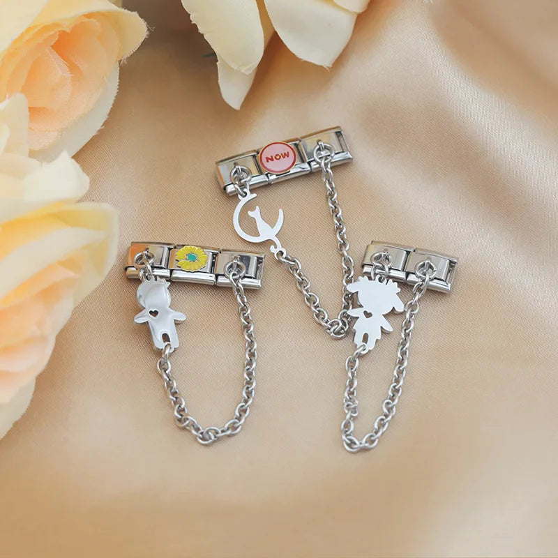 Owl, cat and kids silver safety chain link on bracelet — 9mm Italian charm, by Charmtastic