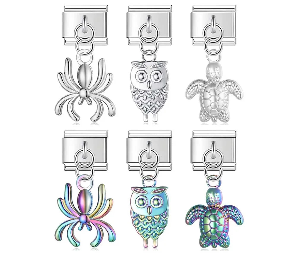 Owl Spider Turtle charms silver&gold – owl, spider, and turtle charms in silver, gold, and rainbow finishes, Italian charm bracelet charms by Charmtastic
