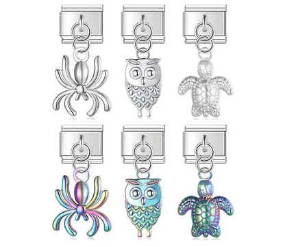 Owl Spider Turtle charms silver&gold – owl, spider, and turtle charms in silver, gold, and rainbow finishes, Italian charm bracelet charms by Charmtastic