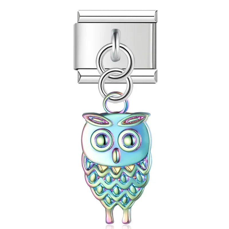 Owl Spider Turtle charms silver&gold – rainbow finish owl charm, Italian charm bracelet charm by Charmtastic