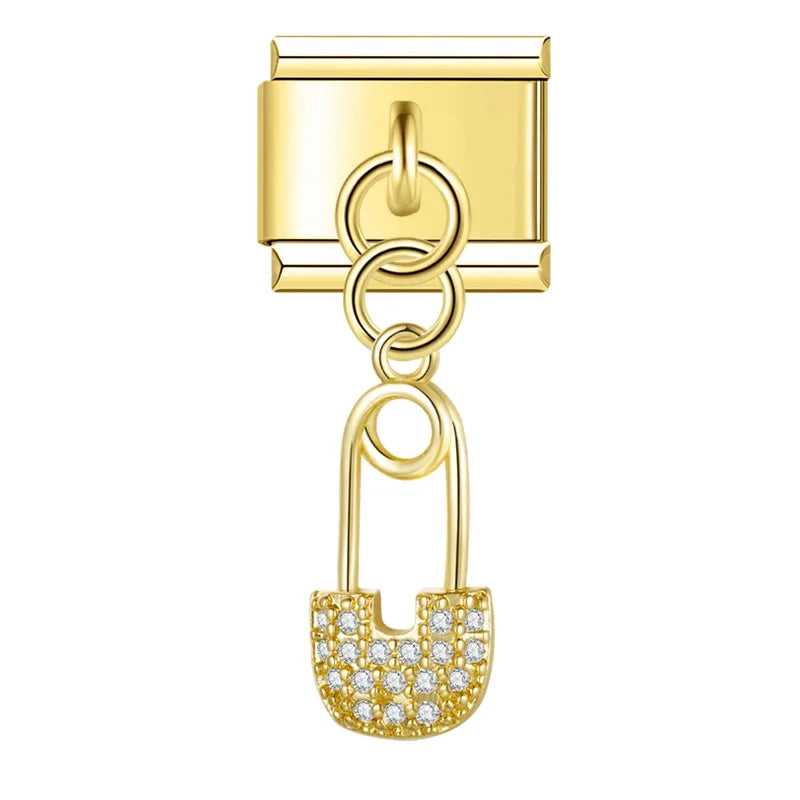 Gold safety pin CZ dangle Italian charm, by Charmtastic
