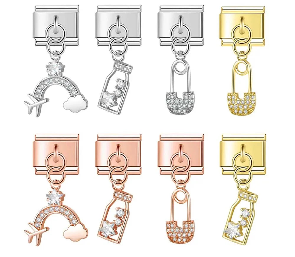 Rainbow airplane, safety pin and wine bottle CZ dangle Italian charms, by Charmtastic