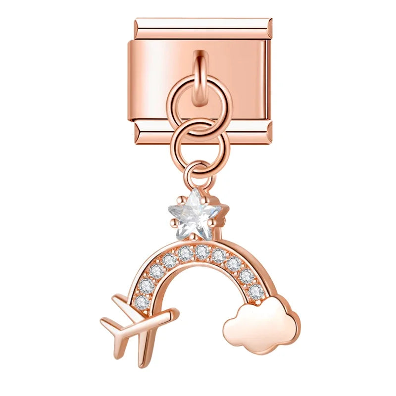 Rose gold rainbow airplane CZ dangle Italian charm, by Charmtastic