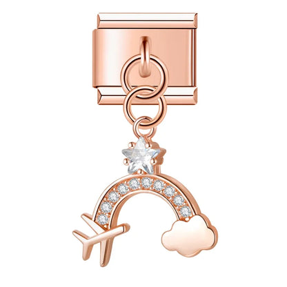 Rose gold rainbow airplane CZ dangle Italian charm, by Charmtastic