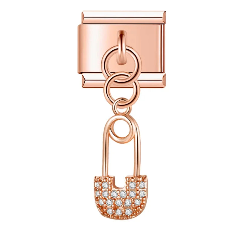 Rose gold safety pin CZ dangle Italian charm, by Charmtastic