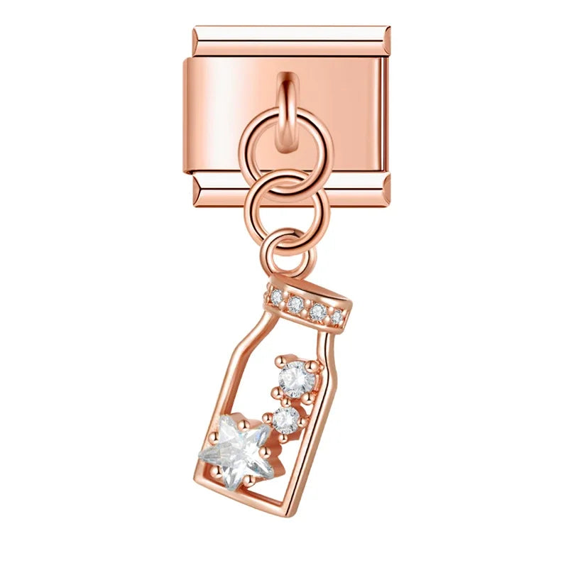Rose gold wine bottle CZ dangle Italian charm, by Charmtastic