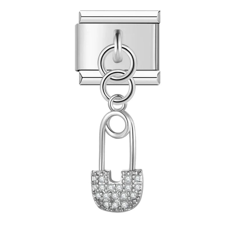 Silver safety pin CZ dangle Italian charm, by Charmtastic