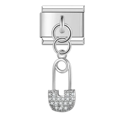 Silver safety pin CZ dangle Italian charm, by Charmtastic