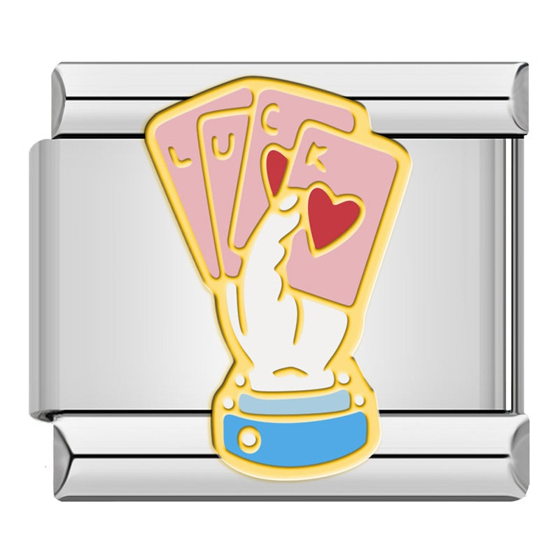 Pastel Magic & Self Care Italian Charms – hand holding pink playing cards spelling LUCK with heart enamel charm, Italian charm bracelet charm by Charmtastic