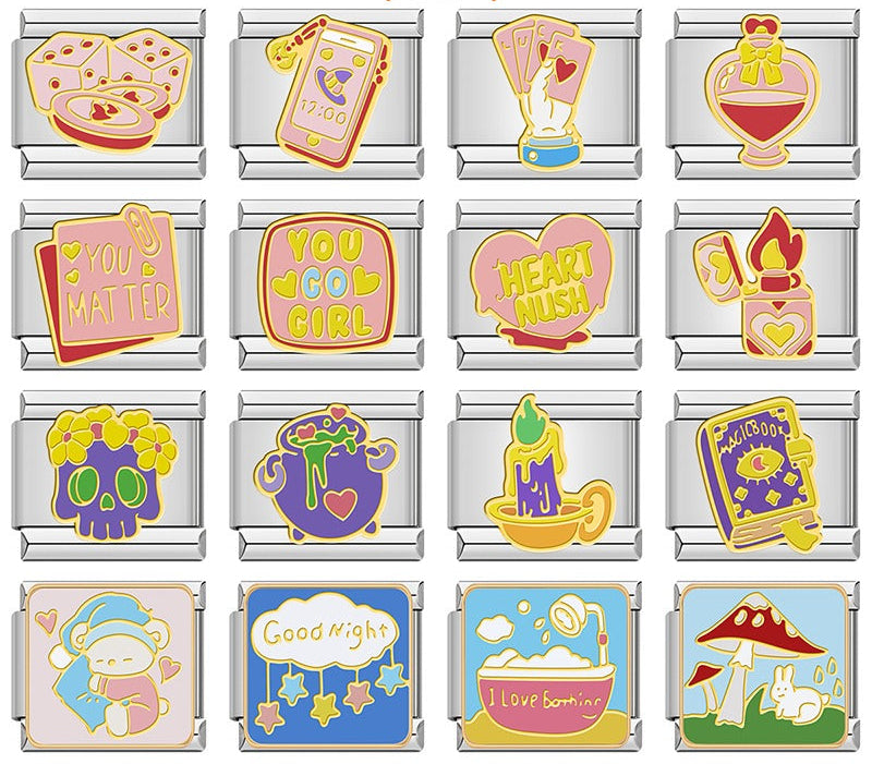 Pastel Magic & Self Care Italian Charms – overview of 16 gold-framed enamel charms: dice and roulette, phone call, luck cards in hand, love potion, You Matter note, You Go Girl, Heart Nush heart, lighter, skull with flowers, cauldron, candle, magic book, sleepy character, Good Night stars, bubble bath, and mushrooms with rabbit, Italian charm bracelet charms by Charmtastic