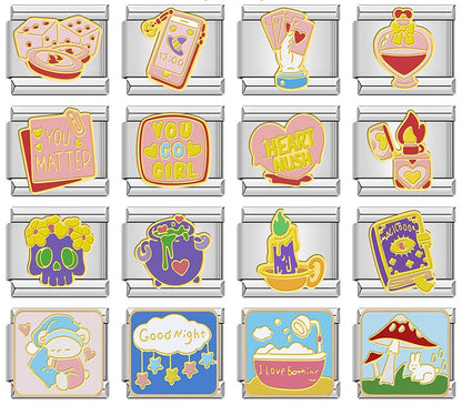 Pastel Magic & Self Care Italian Charms – overview of 16 gold-framed enamel charms: dice and roulette, phone call, luck cards in hand, love potion, You Matter note, You Go Girl, Heart Nush heart, lighter, skull with flowers, cauldron, candle, magic book, sleepy character, Good Night stars, bubble bath, and mushrooms with rabbit, Italian charm bracelet charms by Charmtastic