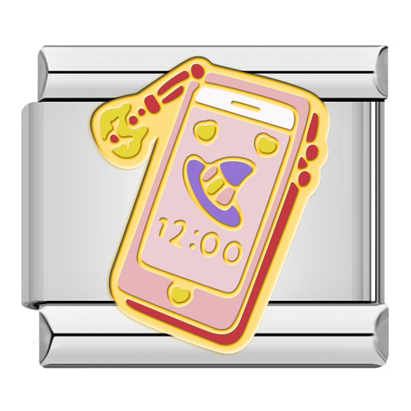 Pastel Magic & Self Care Italian Charms – pink smartphone showing 12:00 call screen enamel charm, Italian charm bracelet charm by Charmtastic