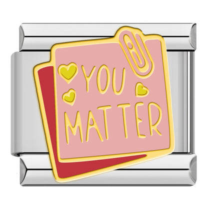 Pastel Magic & Self Care Italian Charms – pink sticky note with hearts reading You Matter enamel charm, Italian charm bracelet charm by Charmtastic