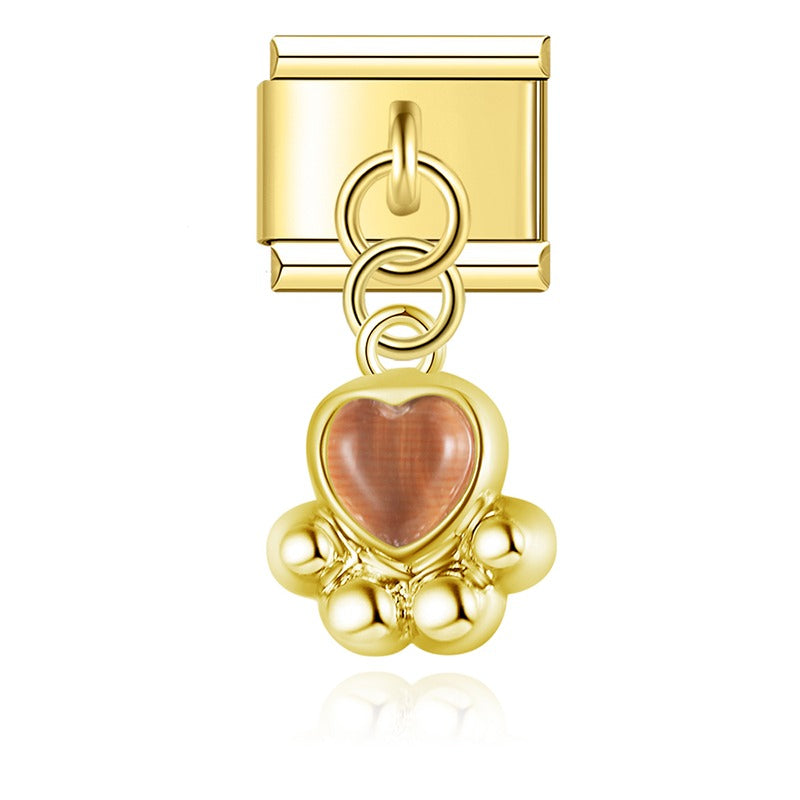 Cat Claw Charms Silver & Gold – second view of paw print charm with orange heart-shaped gemstone in gold, Italian charm bracelet charm by Charmtastic
