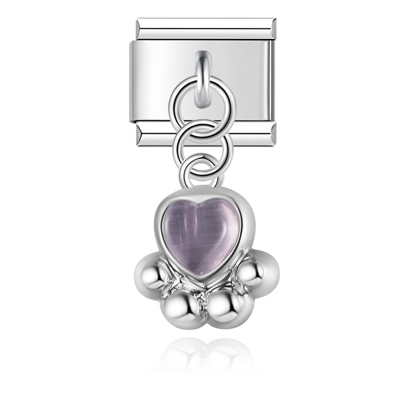 Cat Claw Charms Silver & Gold – paw print charm with purple heart-shaped gemstone in silver, Italian charm bracelet charm by Charmtastic