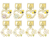 Pearl Floral Wreath & Bumblebee Heart Dangle Italian Charms in Gold — Pearl Daisy & Bee Heart Dangle Links