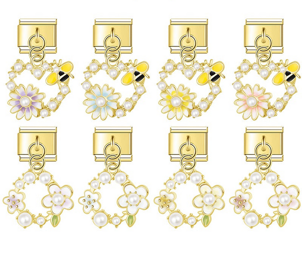 9mm gold Italian charm bracelet links featuring pearl-lined open hearts with bumblebees and daisies, plus pearl floral wreath dangles.