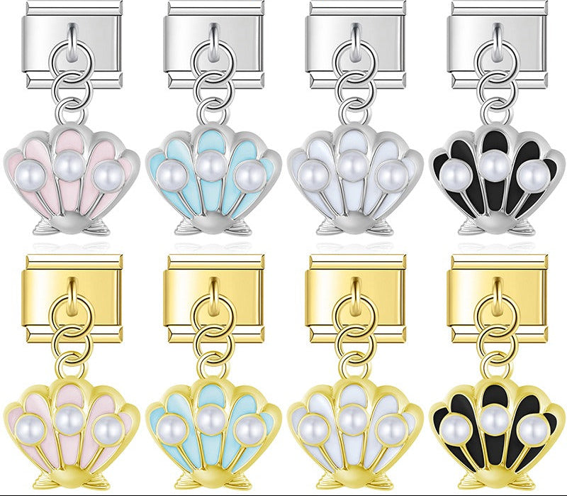 9mm Italian charm bracelet links featuring silver and gold scallop shell dangles with pink, blue, white, and black enamel and white pearl accents.