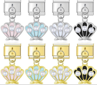 9mm Italian charm bracelet links featuring silver and gold scallop shell dangles with pink, blue, white, and black enamel and white pearl accents.
