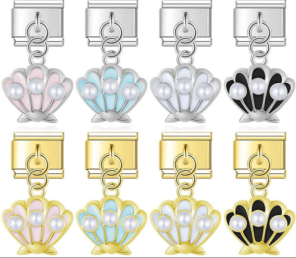9mm Italian charm bracelet links featuring silver and gold scallop shell dangles with pink, blue, white, and black enamel and white pearl accents.