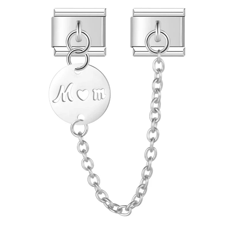 pendant chain silver – silver safety chain with Mom heart disc charm, Italian charm bracelet safety chain by Charmtastic