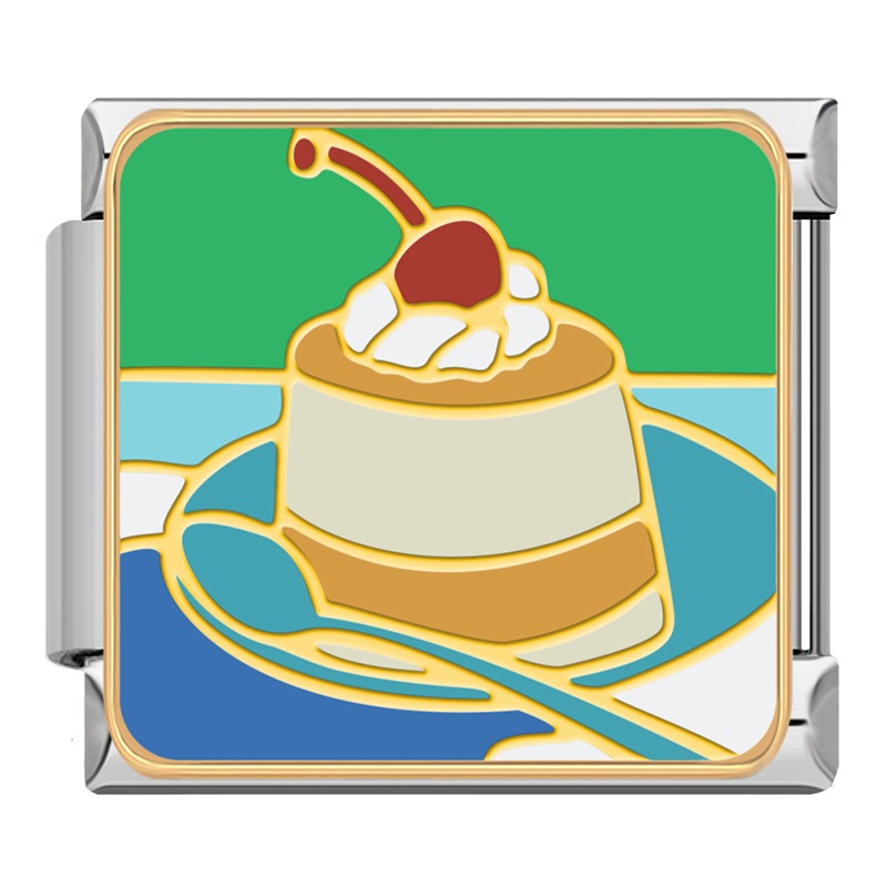 Picturesque Vacation and Scenery Italian Charms – caramel flan dessert with whipped cream and cherry on a blue plate with spoon enamel charm, Italian charm bracelet charm by Charmtastic