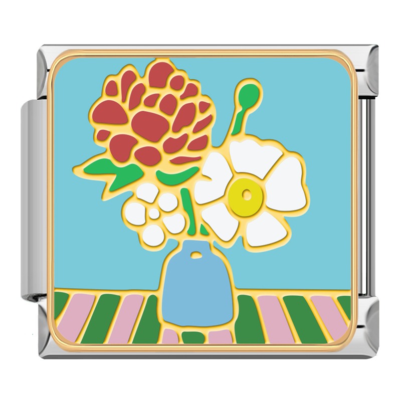 Picturesque Vacation and Scenery Italian Charms – red and white flowers in a blue vase on a striped tablecloth enamel charm, Italian charm bracelet charm by Charmtastic