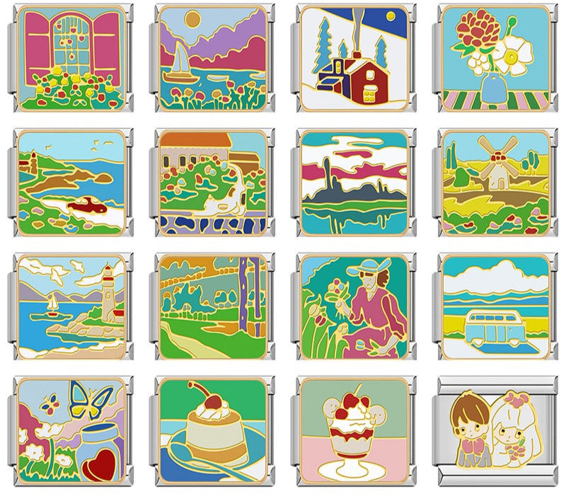Picturesque Vacation and Scenery Italian Charms – overview of 20 enamel charms: pink window with flowerbox, sailboat on purple mountain lake, red winter cabin, floral vase, coastal lighthouse view, seaside village, abstract teal landscape, windmill in fields, lighthouse with sailboat, riverside path, woman in garden with flowers, blue camper van, butterflies on flowers with heart jar, caramel flan dessert, fruit parfait dessert, and two children with flowers, Italian charm bracelet charms by Charmtastic