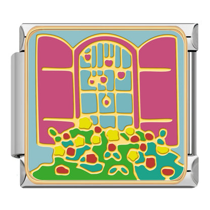 Picturesque Vacation and Scenery Italian Charms – pink arched window with flowering plants growing below enamel charm, Italian charm bracelet charm by Charmtastic
