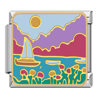 Picturesque Vacation and Scenery Italian Charms – sailboat on blue water with purple and pink mountains and sun enamel charm, Italian charm bracelet charm by Charmtastic