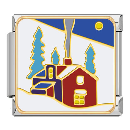 Picturesque Vacation and Scenery Italian Charms – red winter cabin with pine trees, chimney smoke, and moon at night enamel charm, Italian charm bracelet charm by Charmtastic