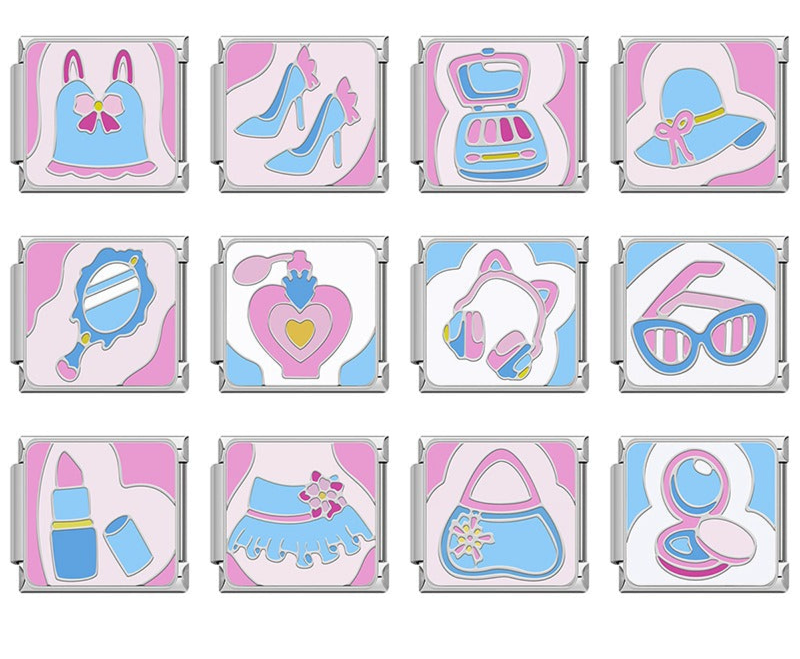 A set of 12 fashion-themed Italian charms on silver 9mm modular links featuring pink and blue illustrations of perfume, high heels, and beauty accessories - Charmtastic