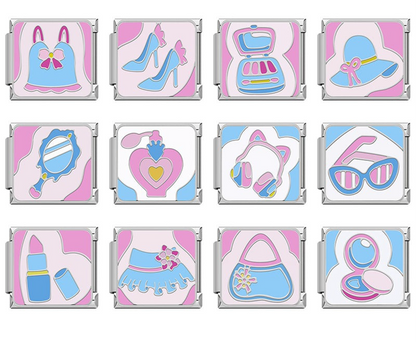 A set of 12 fashion-themed Italian charms on silver 9mm modular links featuring pink and blue illustrations of perfume, high heels, and beauty accessories - Charmtastic