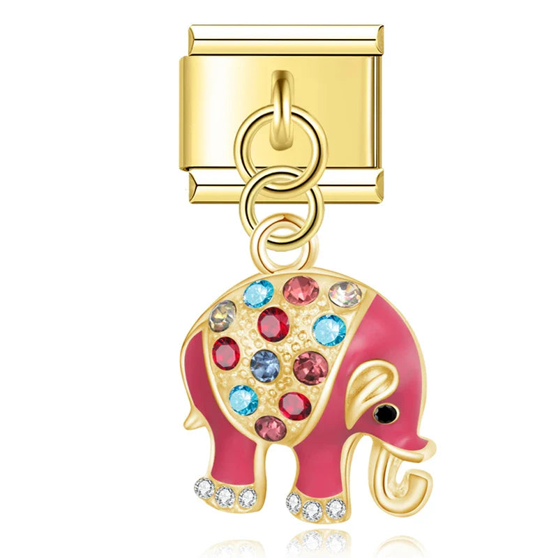 Pink crystal elephant dangle Italian charm, by Charmtastic