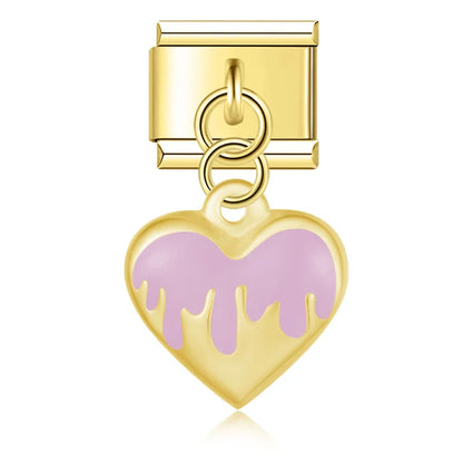 Pink drip heart dangle gold Italian charm, by Charmtastic