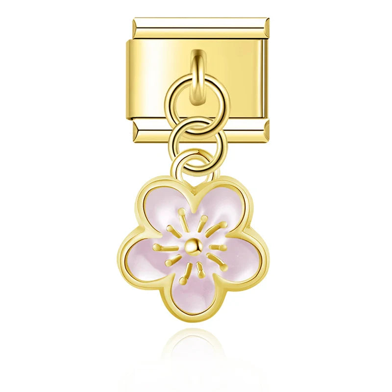 Pink flower dangle gold Italian charm, by Charmtastic